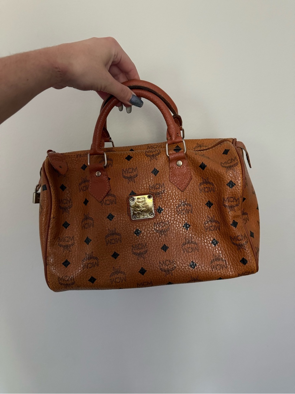 Vintage MCM Cognac Monogram Top-Handle Satchel with Gold Plate